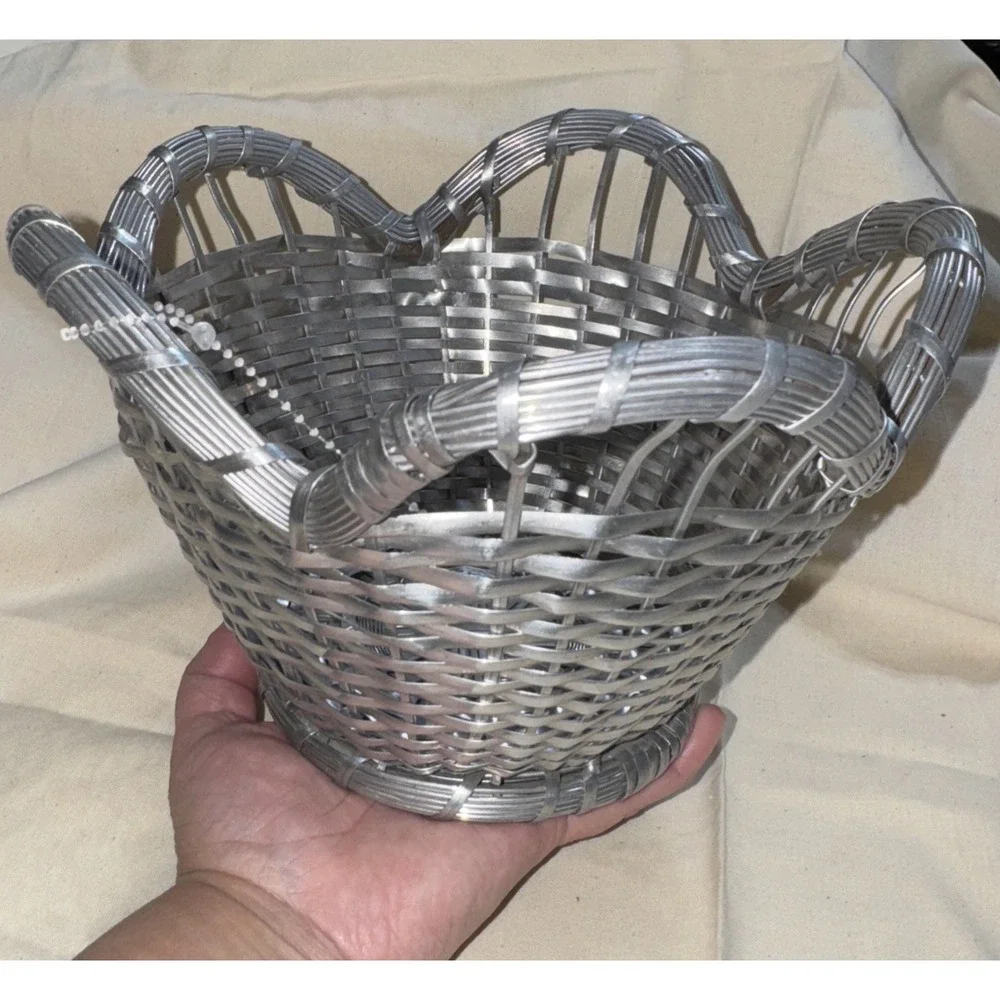 French Woven Wire Basket Caddy with Silver Plating Scalloped 5.5